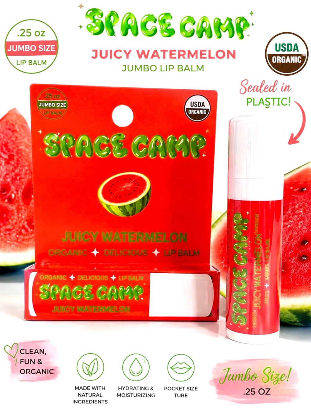 Space Camp Juicy Watermelon Jumbo Lip Balm .25 oz USDA Organic Sealed BNIB
